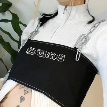 Streetwear Ķēdes Kamzolis Sexy Piedurknēm Femme Burtu Drukāšanas Slim Kultūraugu Top Feminino Veste Sievietēm, Topi 2019 Vasaras