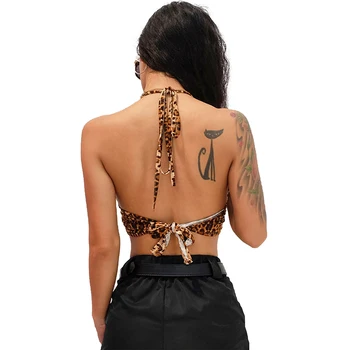 Sieviešu Leopards Izdrukāt Sexy Pavada Kultūru Backless Topi Vizuļi Metāla Gredzenu Tvertne