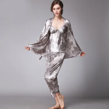 QWEEK Sexy Miega Lounge 3 Gabali V-veida Kakla Sieviešu Pidžamas Komplekts Elegantā Drukāt Pidžamas ar garām Piedurknēm Sievietēm Sleepwear Sieviešu Naktsveļu