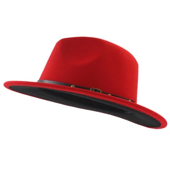 Modes Vilnas Filcs, Džeza Fedora Cepures Black Red Raibs Jostas Sprādzes Dekoru 1PC Mīksto Unisex Ērti Regulējams Platām Malām Cepure