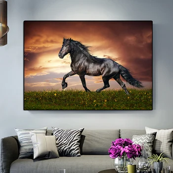 Melna Darbojas Zirgu Dzīvnieku Mūsdienu Eļļas Glezna uz Audekla Plakāti un Izdrukas Cuadros Sienas Art Attēlus Dzīvojamā Istaba