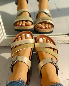 Jaunas Sieviešu Vasaras neslīdoša Platforma 3cm Dzīvoklis Čības Flip Flops Sieviešu Romāņu stila Kurpes Lady Beach Sieviešu Sprādzes Siksniņu Sandales