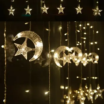 Moon Star LED Pasaku String Ziemassvētku Gaismas Ramadāna Apdare Svētku Gaismas Aizkaru, Spuldžu 220v Kāzu LED Gaismas Āra Dekoru