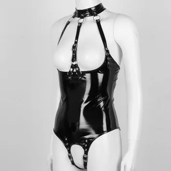 Sieviešu Erotiskā Apakšveļa Crotchless Bodysuit Slapjš Izskatās, Lakādas Pavada Kakla Kailām Krūtīm Sprādze Leotard Bodysuit Naktsveļu