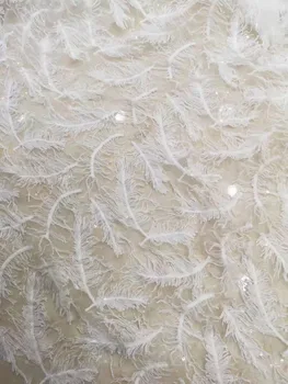 2019 Jaunu Karstā Baltā 3 D spalvu Izšuvumi vizuļi tilla mežģīnes auduma, modes dizainere auduma haute couture kāzu kleitu mežģīnes