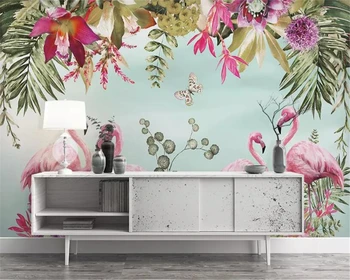 Beibehang Pielāgotus Foto Tapetes, Sienas Puses Krāsotas Tropu banānu lapu flamingo ziedi papel de parede tapetes, mājas dekoru