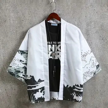 Jaunu Vīriešu Modes Tradicionālā Japāņu Stila Vasaras Plānas Kimono Ukiyo-e Drukāt Jaciņa T Krekls Haori Harajuku Blūze Streetwear