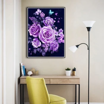 RUOPOTY 5D DIY Dimanta Izšuvumi Ziedi Butterfly Rhinestone Mākslas Dimanta Krāsošana Purple Rose Cross Stitch Komplekts Mājas Apdare