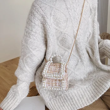 Elegants Sieviešu Mini Pērle Tote soma 2019 Ziemas Modes Jaunas Kvalitātes Vilnas Sieviešu Dizainers Rokassomu Ķēdes Plecu Messenger somas