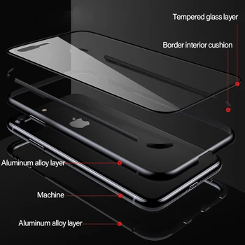 Magnētiskā Adsorbcijas Lietā Par iPhone XS Max XR 7 8 X 6 S 6S Plus Pilnu Vāka Pārsegs Gadījumā, Metāla Buferi + Tmpered Stikla Triecienizturīgs Soma