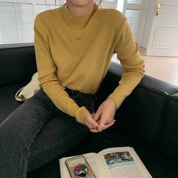 Augstu uzrullētu apkakli Trikotāžas Džemperis Sieviete korejas garām piedurknēm Zaudēt Cietā Džemperis Sievietēm Vienkārši Slim Bāzes Džemperi Sieviešu Džemperis ir 2021.