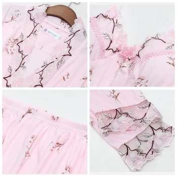 JŪLIJS DZIESMA Sieviešu Kokvilnas Pidžamas Komplekts 3 Gabali, Sexy Smalku Mežģīņu Pidžamu Pavasara Vasaras Sleepwear Bikses Mīksta Ikdienas Mājas apstākļos