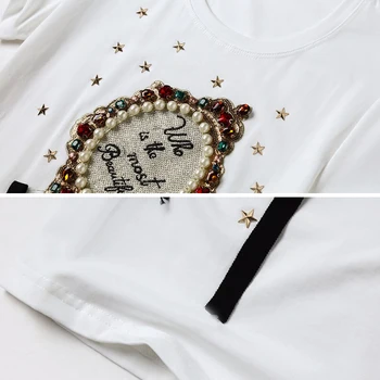 IZEVUS Vasaras Jauna Pērle T-krekls Sievietēm, kas Eiropas Modes Dimantu Īsām Piedurknēm T krekls Slim Izšūšana t-veida