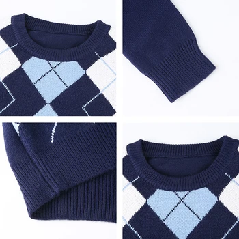 Anglijas Stila Argyle Ģeometriskā Trikotāžas Džemperis Sievietēm 2020. Gadam, Modes Pleds Rudens Silts Ar Garām Piedurknēm Vintage Džemperis Topi Džemperi