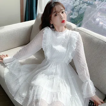 Elegants Pasaku Kleita Sievietēm ar garām Piedurknēm ar Mežģīņu Dizainera Šifona Kleita Gadījuma franču korejas Mini Kleita Sieviešu Apģērbu Rudens 2020