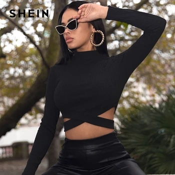 SHEIN Black Stand Apkakli Crisscross Hem Sexy Kultūru Tee Sieviešu Topi Pavasara garām Piedurknēm Salātu Adīt Formā, kas Aprīkoti Nakts T-krekli