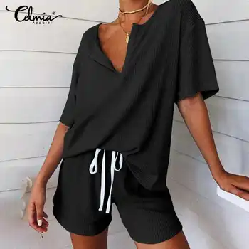 Vasaras Sieviešu Pidžamas Cietā Pidžamas Komplekti Ir 2021. Modes Sleepwear Komplekti Celmia Mājas Drēbes Istabā Valkā Plus Lieluma Gadījuma Loungewear 7