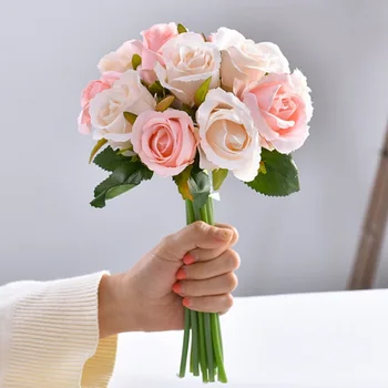 Rozes Mākslīgie Ziedi līgavas romantisku Kāzu Pušķi, mājas dekoru Viltus Ziedu, Dāvanu Galda Centerpieces Decoration12 Gabalu / Daudz
