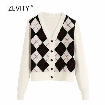 Zevity New England stila sieviešu vintage Rhombus rakstu adīšana casual slim džemperis sieviešu jaka džemperis šiks retro topi S302