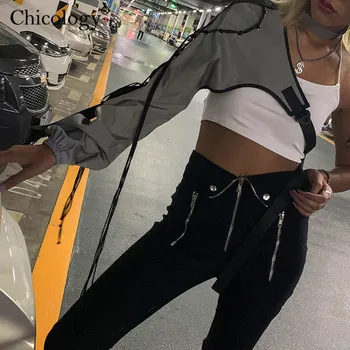 Chicology sprādzes pavada punk gothic viena pleca, sieviešu kultūraugu top t krekls 2019 rudens ziemas sievietes streetwear T-krekls seksīgs apģērbs