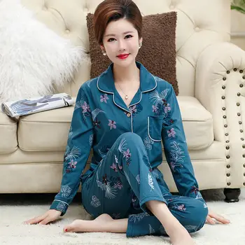Kokvilnas Sieviešu pidžamas Komplekts Drukāts Sieviešu Sleepwear 2gab/daudz Pagrieziena uz leju Pyjama ar Kabatas Sleepwear Naktsveļu Uzstādīt Pijama