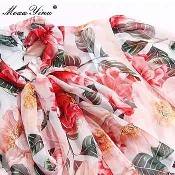 MoaaYina Modes Dizainere Skrejceļa kleita Pavasara Sievietes Kleitu Loku apkakles Floral-Print Bohemia Brīvdienas Eleganta Šifona Kleitas