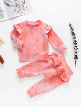 2gab Jaundzimušā bērna Kid Baby Meitenes kaklasaišu krāsošanas Apģērbs Kopa ar garām Piedurknēm Topi Zeķes Bikses Kopa Ruffles Bērnu, Meiteņu Apģērbs