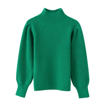 Rudenī 2020. gadam sieviešu jaunu apaļu kakla burbulis garām piedurknēm svaigu zaļo koledžas stila vienkāršu savvaļas slim slim džemperis