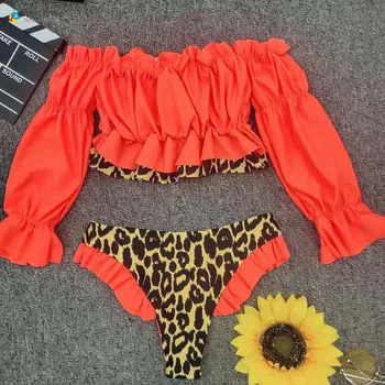 Para Praia Leopard Garām Piedurknēm Bikini Komplekts Sexy Puff Piedurknēm Acs Sexy Bikini Push Up Peldkostīmi, Thong Peldkostīmu Mežģīnes Peldkostīms