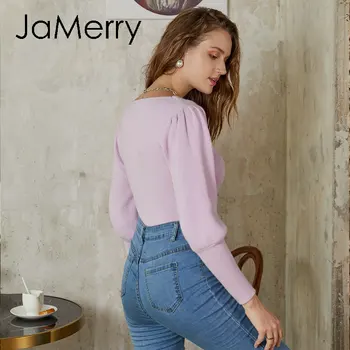 JaMerry Vintage kvadrātveida kakla sieviešu džemperis Rudens ziemas laterna piedurknēm, sieviešu trikotāžas džemperis Elastību dāmas džemperis džemperis