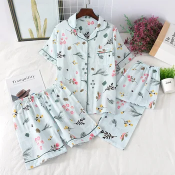 Trīs gabals Japāņu stila pidžamas sieviešu pavasarī un vasarā, rudenī kokvilnas marle īsām piedurknēm šorti vai bikses, vasaras uzvalku ho