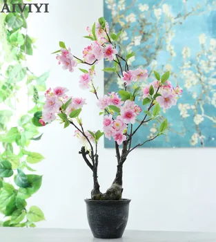 Cherry Blossom Mākslīgā Pundurkociņš Augu Mākslīgo Ziedu Viltus Ziedu ar Pot Mājas Apdare Kāzu Dekori Ķiršu Ziedu Koks