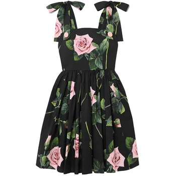 Banulin 2020. gadam, Modes Skrejceļa Eleganta Vasaras Kleita Sieviešu Loku Spageti Siksna Melnā Vintage Ziedu Drukāt Kokvilnas Īso Kleitu
