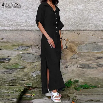 ZANZEA ir 2021. Elegants Pusē Sadalīt Maxi Kleita Sieviešu Sundress Modes Gadījuma Pogu Krekls Vestido Sieviešu Atloks Puse Drēbes Plus Izmēra