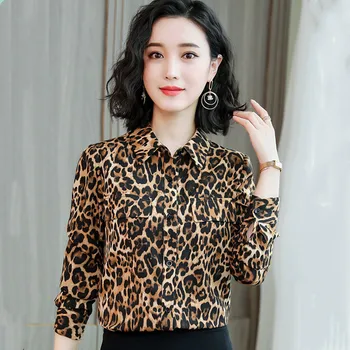 Nvyou gou Sieviešu Leopards Drukāt Blūzes ar garām Piedurknēm Šifona Kreklu 2019. Gada Pavasarī Biroja Jaunā Dāma, Savukārt, Apkakles Ikdienas Valkāšanai Topi