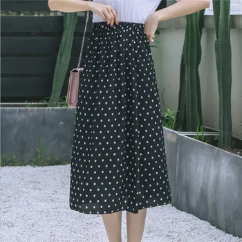 Sieviešu Vasaras Svārki 2019 Korejas Streetwear Vintage Polka Dot Slim Augsta Vidukļa Līnija, Šifons Ilgi Svārki Melna Balta