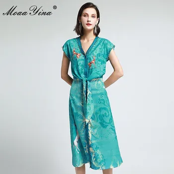 MoaaYina Modes Dizainera kleita Vasaras Sieviešu Kleita Puse V Kakla Loku Vintage Print Blūzes Stila Kleitas