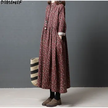 DIMANAF Plus Lieluma Sievietēm Kleita, Blūze Veļa Ziedu Rudens Indie Folk Stilā Sieviešu Zaudēt Gadījuma Kabatas Savienoti Vintage Kleitas