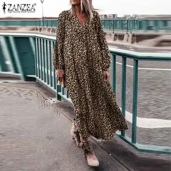 Ir 2021. ZANZEA Ziedu Maxi Kleita Vintage Sieviešu Rudens Sundress Gadījuma garām Piedurknēm Drukāts Vestidos Sieviešu Baggy Drēbes Plus Izmēra