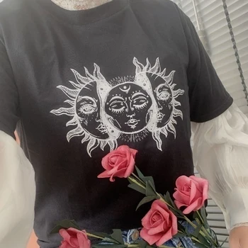 Saules Aptumsums Ir Saules Un Mēness T-Krekls Sievietēm, Melns T Krekls Vintage Stila Estētisko Grunge Tees Gothic Apģērbu Hipsters