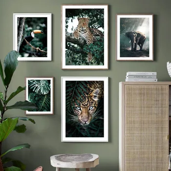 Džungļu Savvaļas Leopards, Zilonis Tropu Putnu Lapu Ziemeļvalstu Plakātu Sienas Art Print Audekla Apgleznošana Sienu Attēlu Dzīvojamā Istaba Dekori
