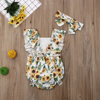 Baby Girl Saulespuķu Bodysuit 2020. Gadam Toddler Zīdaiņiem Jaundzimušo Vasaras Drukāts Apģērbu Jumpsuit Apģērbu Cute Apģērbs Galvas Stīpa