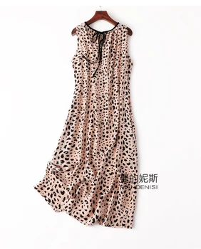 Sievietēm ir Tīra 16mm Zīda apaļu kakla uzmava Ilgi Midi Kleita rozā leopards siksnas atpakaļ ar kabatām MM007