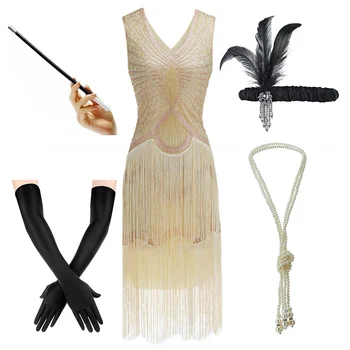 Sieviešu Plus Lieluma Gatsby Sequin Art Deco Black Flapper Kleitas 1920 V Kakla Fāzēm Fringed Great Gatsby Kleita