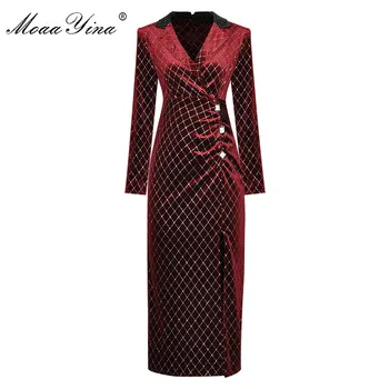 MoaaYina Modes Dizainera kleita Rudens Sieviešu Kleita ar V-veida kakla ar garām piedurknēm Ruched Paketi, sēžamvieta Izšūta Samta Kleitas
