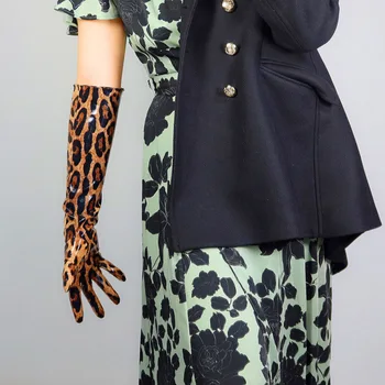 Leopards Ilgi Cimdi 50cm Sieviešu Mākslīgās Ādas Spožas Lakādas Sieviešu Ādas Cimdi Brūni Leopard Slim Puses WPU288
