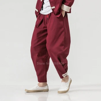Āzijas Austrumu Japānas Zaudēt Harēma Bikses Vīriešu Harajuku Streetwear Ķīnas KimonoTrouser Pārsējs Haori Samura Etniskā Lina Bikses