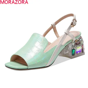MORAZORA 2020. gada Vasaras sieviešu sandales īstas ādas laukumā papēži modes dāmām kurpes ar kvadrātveida purngalu jauktas krāsas kurpes sieviete
