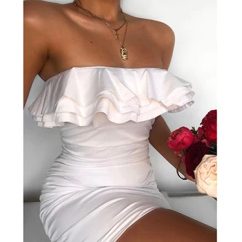 Colysmo Strapless Vasaras Kleita Sievietēm Ruched Bodycon Elegants Ruffles Baltās Kleitas Sieviete Puse Nakts Spīdīga Satīna Kleita 2020 Jaunas