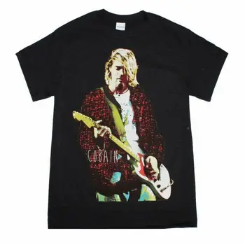 Kurt Cobain Sarkana Jaka Ģitāra Photo Black T-Krekls Mens Licencēts Band Tee Nirvana